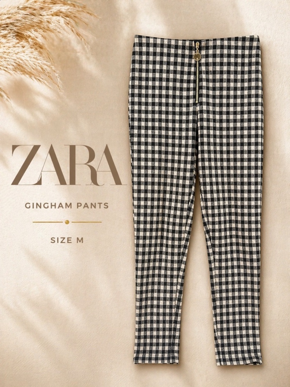 ZARA Black White Gingham Pants Medium Zip Front Slim Fit Chic - Picture 2 of 5